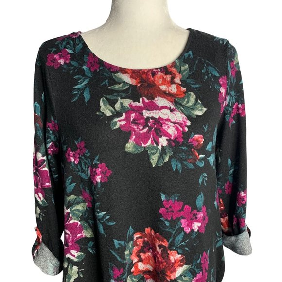 Apt 9 Floral Flannel Sweater Dress S Black Roll Tab Sleeve Pull Over Round Neck - Picture 2 of 6